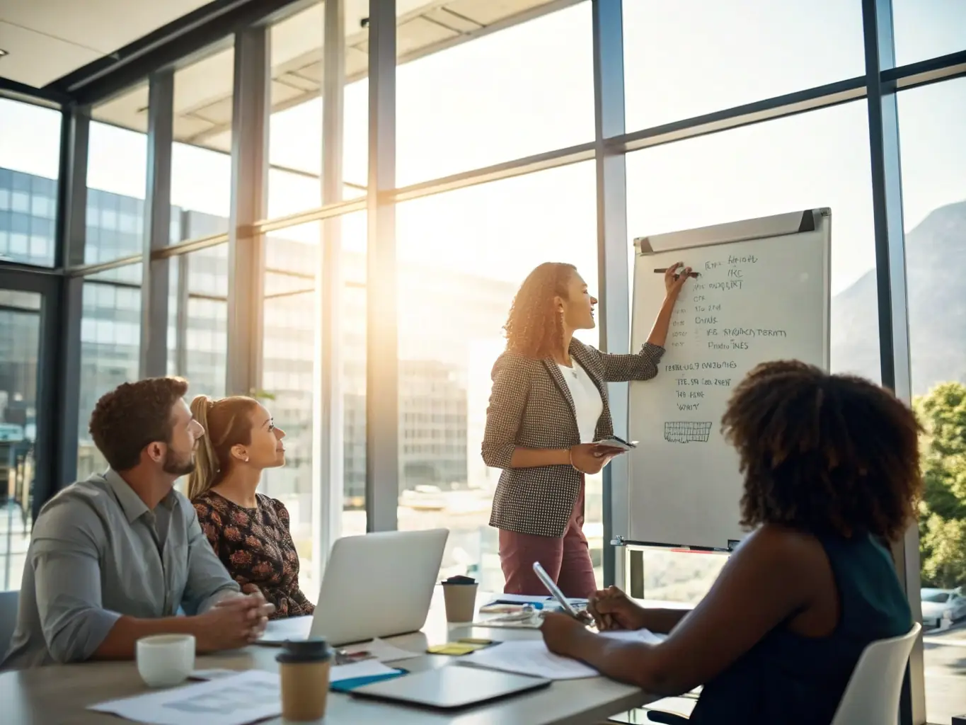 A team of employees participating in a wellness workshop led by a professional facilitator, emphasizing the collaborative and engaging nature of Virtual Consultants, LLC's corporate programs.