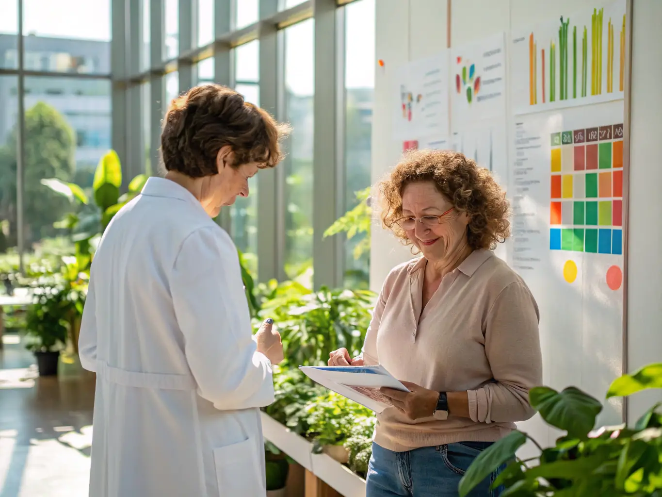 An image of a nutritionist reviewing a personalized meal plan on a tablet with a smiling client, showcasing the individualized approach of Virtual Consultants, LLC.