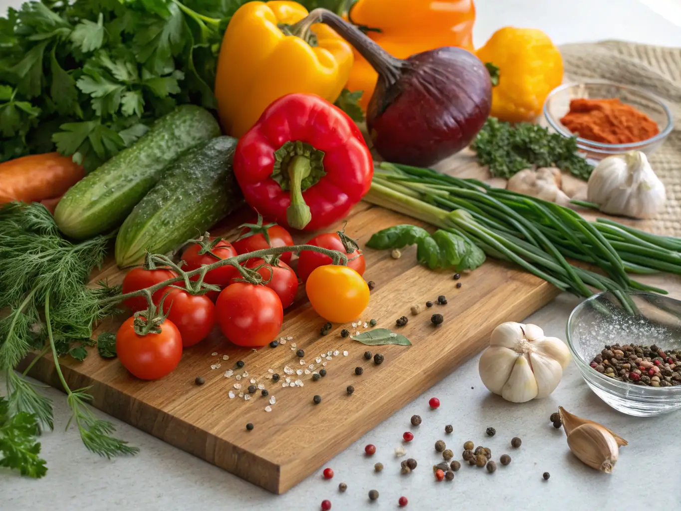 A close-up shot of a diverse selection of fresh, colorful fruits and vegetables, arranged to highlight the variety and health benefits of a balanced diet, symbolizing personalized nutrition.