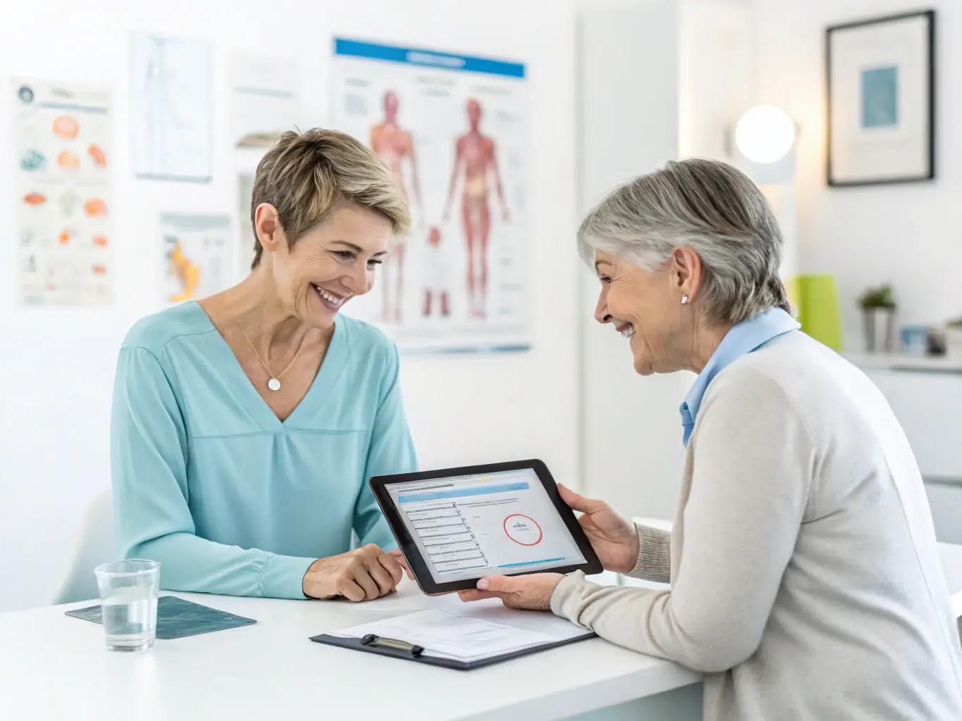 A health consultant reviewing a client's personalized nutrition plan on a tablet, with a supportive and encouraging expression, emphasizing the guidance and expertise provided by Virtual Consultants, LLC.