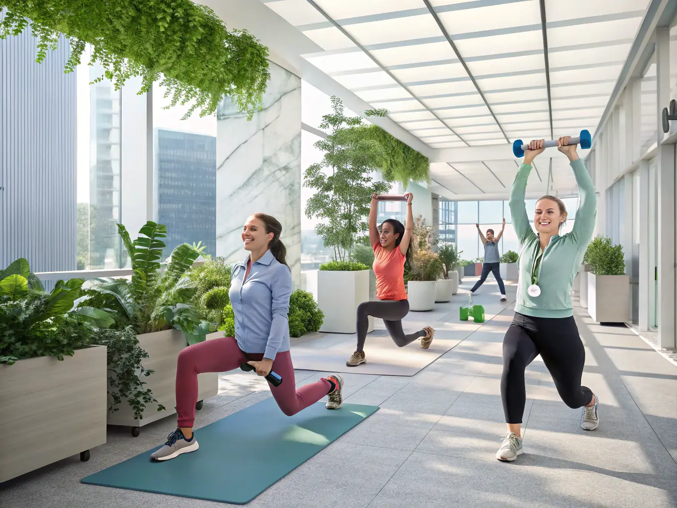 A group of employees participates in a team-based fitness challenge, using wearable technology to track their progress and encourage healthy competition.