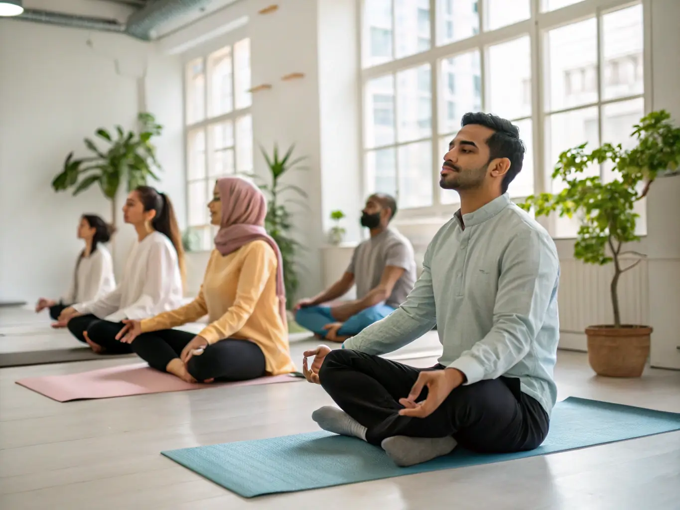 A diverse group of employees participates in a guided meditation session in a modern office setting, promoting mindfulness and stress reduction.